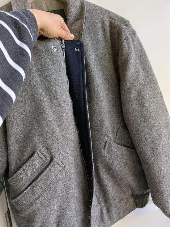 Vintage Hunt Club Wool Jacket Men M Gray Collared Bomber Jacket Made in USA - Picture 8 of 16